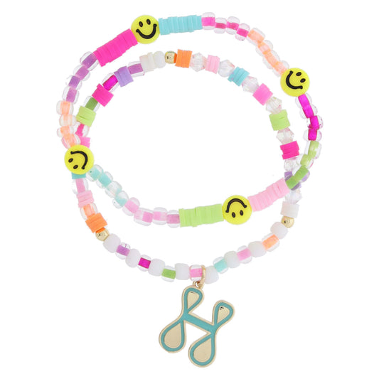 Kids Set of 2, Multi Beaded with Gold Retro Bubble "H" with Turquoise Outline Bracelet, 6.5" Around