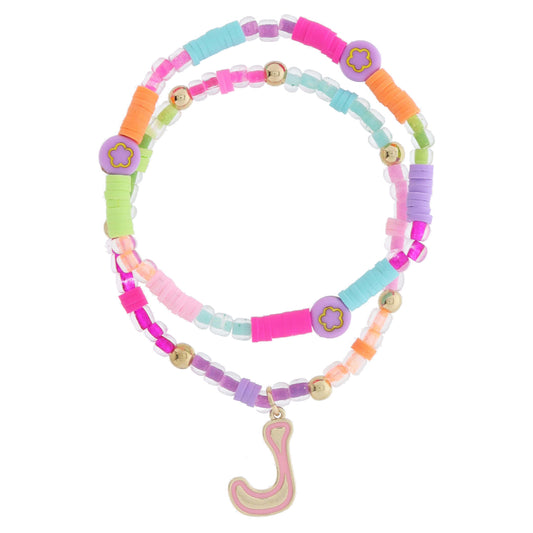 Kids Set of 2, Multi Beaded with Gold Retro Bubble "J" with Lavender Outline Bracelet, 6.5" Around