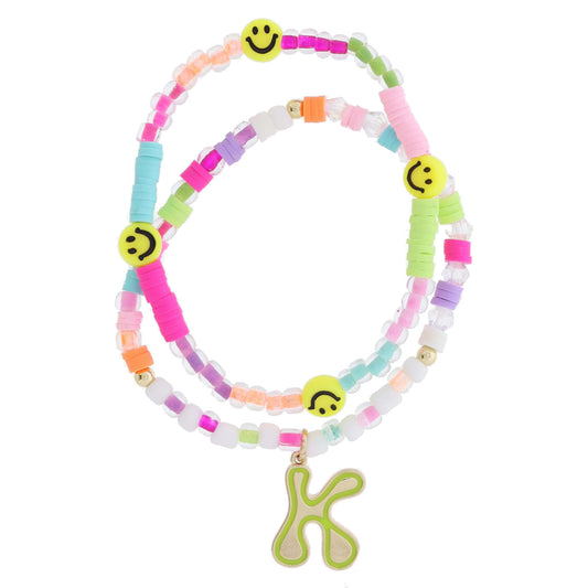 Kids Set of 2, Multi Beaded with Gold Retro Bubble "K" with Hot Pink Outline Bracelet, 6.5" Around