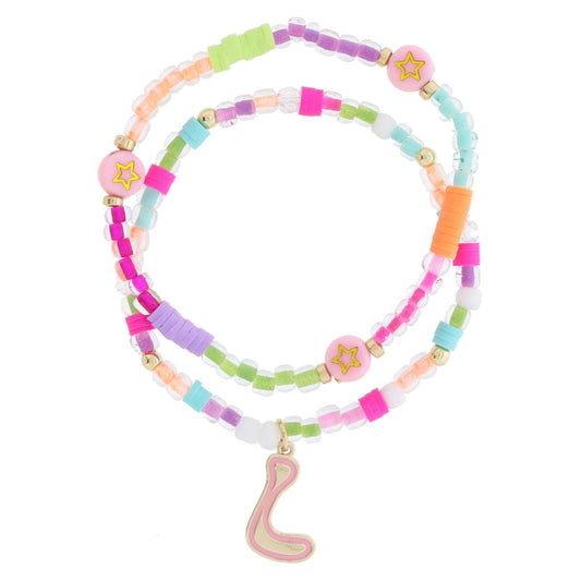 Kids Set of 2, Multi Beaded & Gold Retro Bubble "L" with Light Pink Outline Bracelet, 6.5" Around
