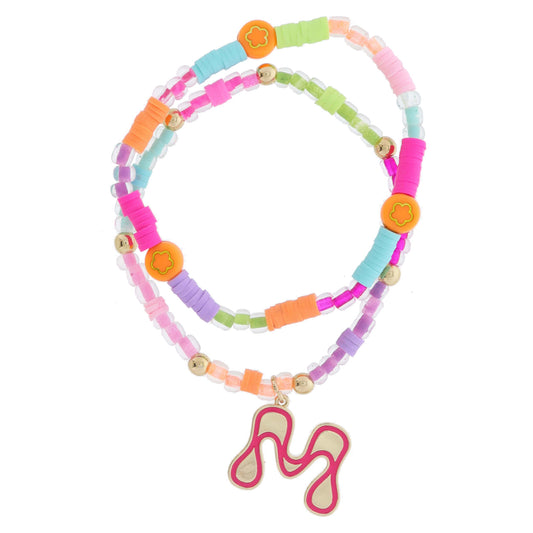Kids Set of 2, Multi Beaded with Gold Retro Bubble "M" with Hot Pink Outline Bracelet, 6.5" Around