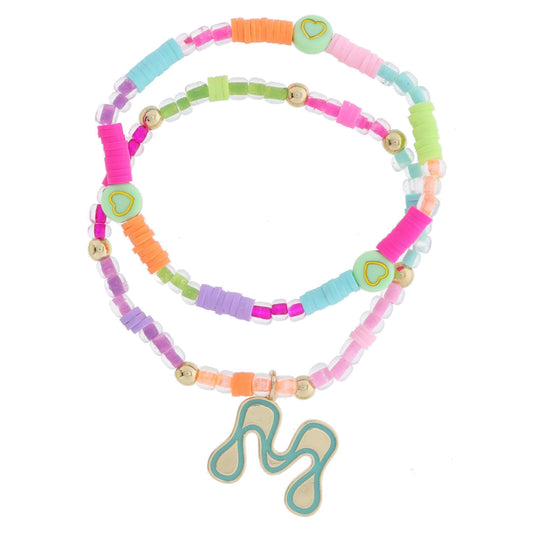 Kids Set of 2, Multi Beaded with Gold Retro Bubble "M" with Turquoise Outline Bracelet, 6.5" Around