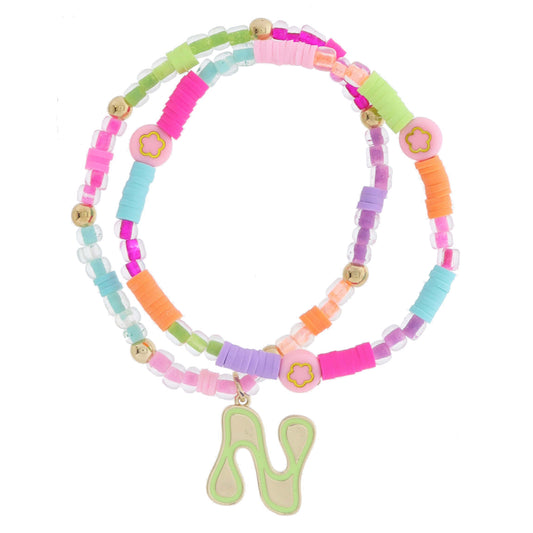 Kids Set of 2, Multi Beaded with Gold Retro Bubble "N" with Lime Outline Bracelet, 6.5" Around