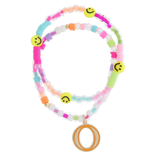 Kids Set of 2, Multi Beaded with Gold Retro Bubble "O" with Orange Outline Bracelet, 6.5" Around