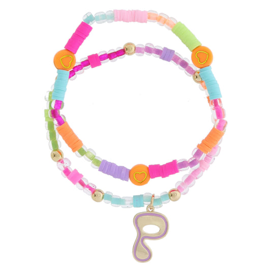 Kids Set of 2, Multi Beaded with Gold Retro Bubble "P" with Lavender Outline Bracelet, 6.5" Around