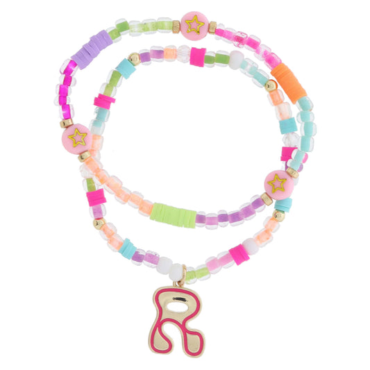 Kids Set of 2, Multi Beaded with Gold Retro Bubble "R" with Hot Pink Outline Bracelet, 6.5" Around