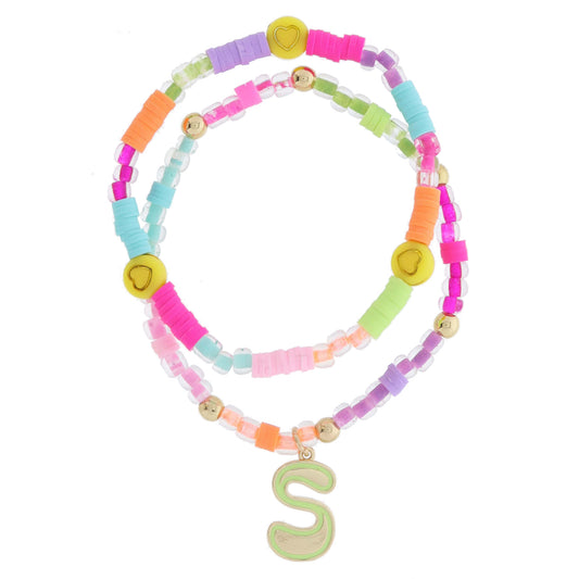 Kids Set of 2, Multi Beaded & Gold Retro Bubble "S" with Light Pink Outline Bracelet, 6.5" Around
