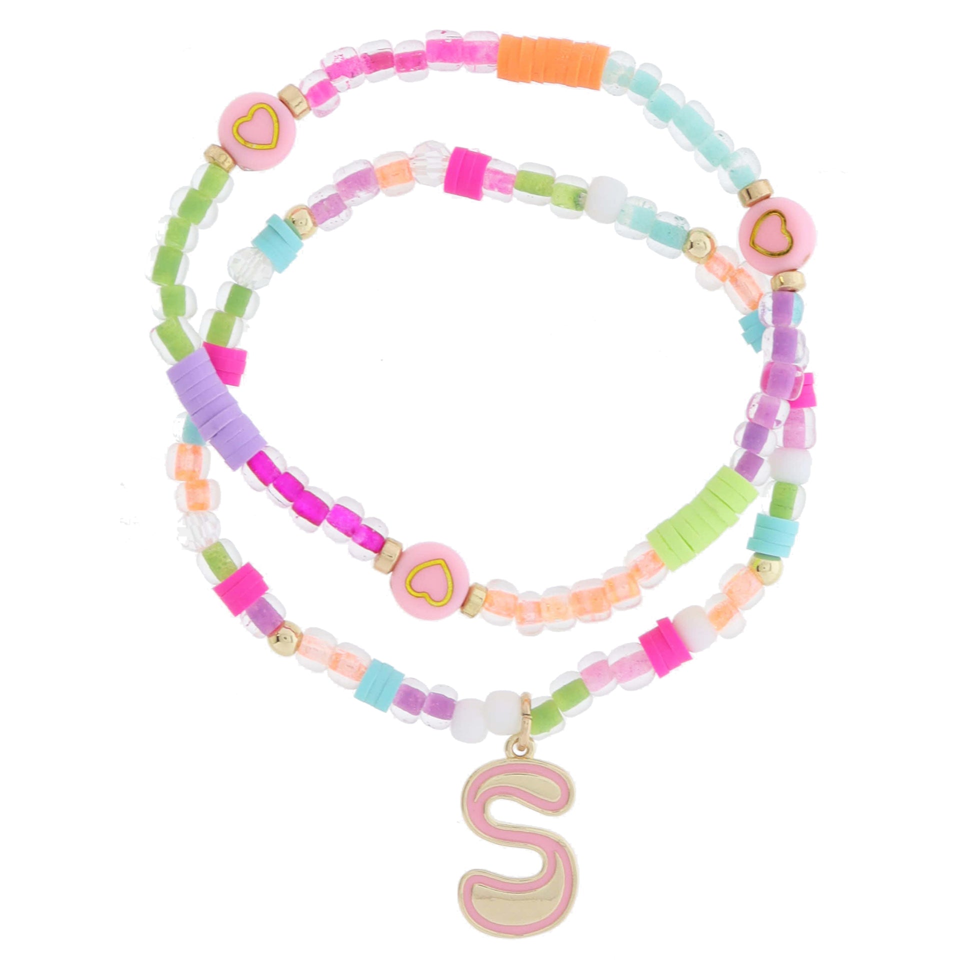 Kids Set of 2, Multi Beaded with Gold Retro Bubble "S" with Lime Outline Bracelet, 6.5" Around