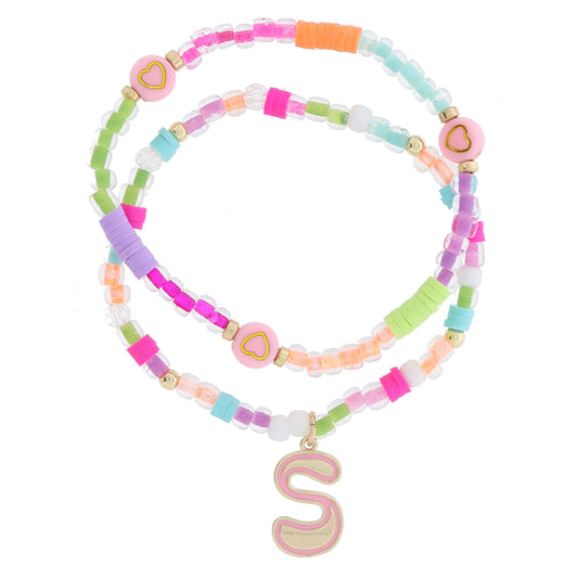 Kids Set of 2, Multi Beaded with Gold Retro Bubble "S" with Lime Outline Bracelet, 6.5" Around