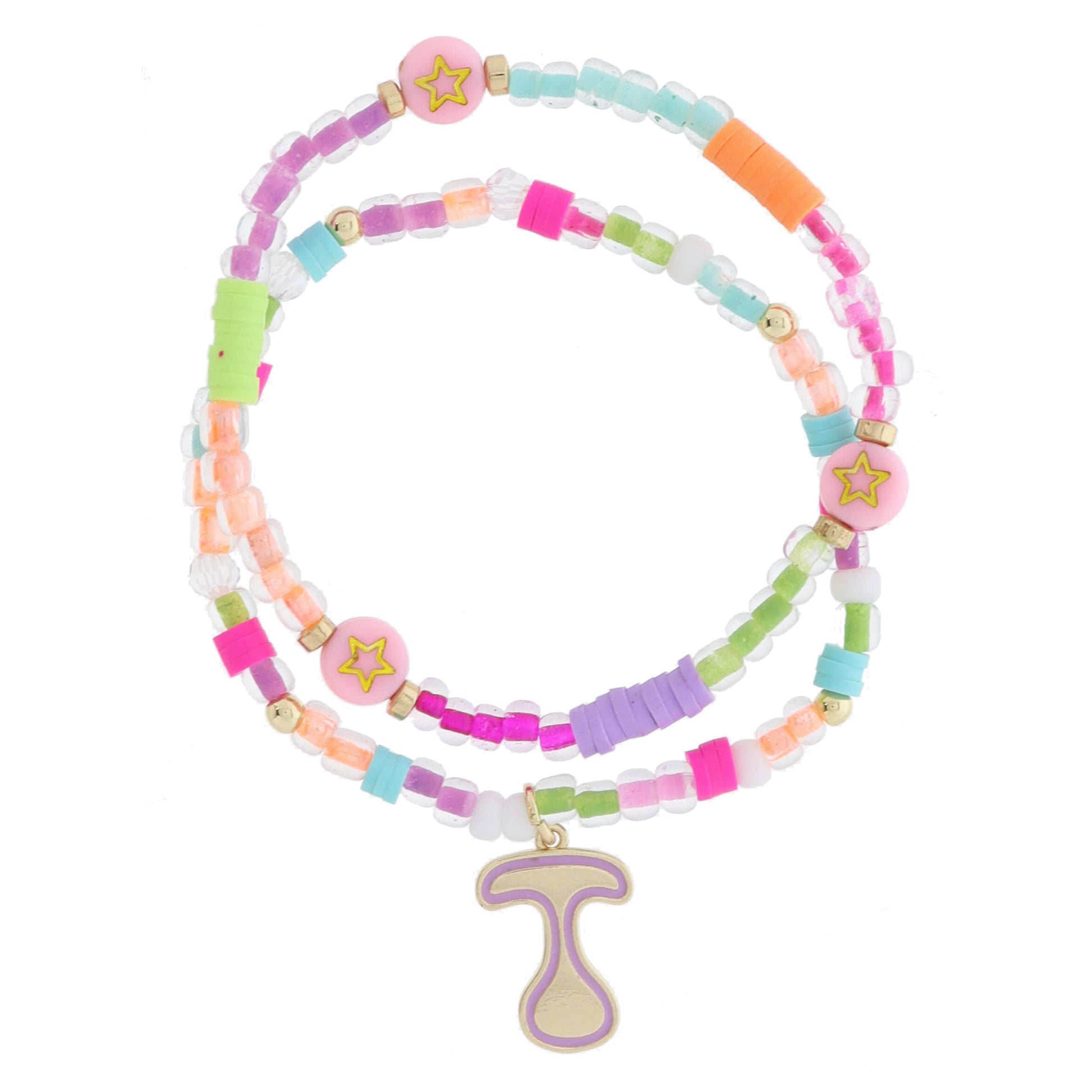 Kids Set of 2, Multi Beaded with Gold Retro Bubble "T" with Lavender Outline Bracelet, 6.5" Around