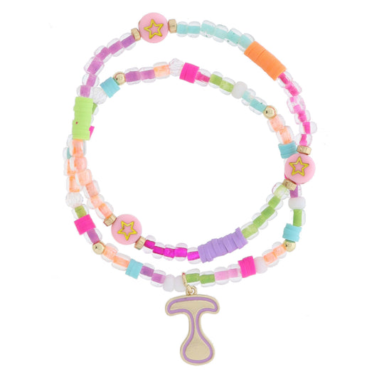 Kids Set of 2, Multi Beaded with Gold Retro Bubble "T" with Lavender Outline Bracelet, 6.5" Around