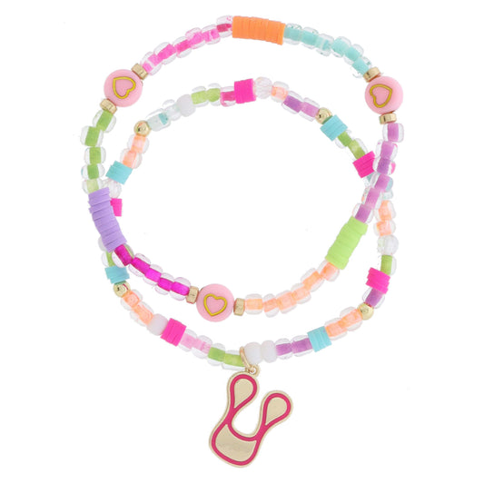 Kids Set of 2, Multi Beaded with Gold Retro Bubble "V" with Hot Pink Outline Bracelet, 6.5" Around