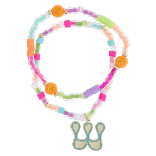 Kids Set of 2, Multi Beaded with Gold Retro Bubble "W" with Turquoise Outline Bracelet, 6.5" Around