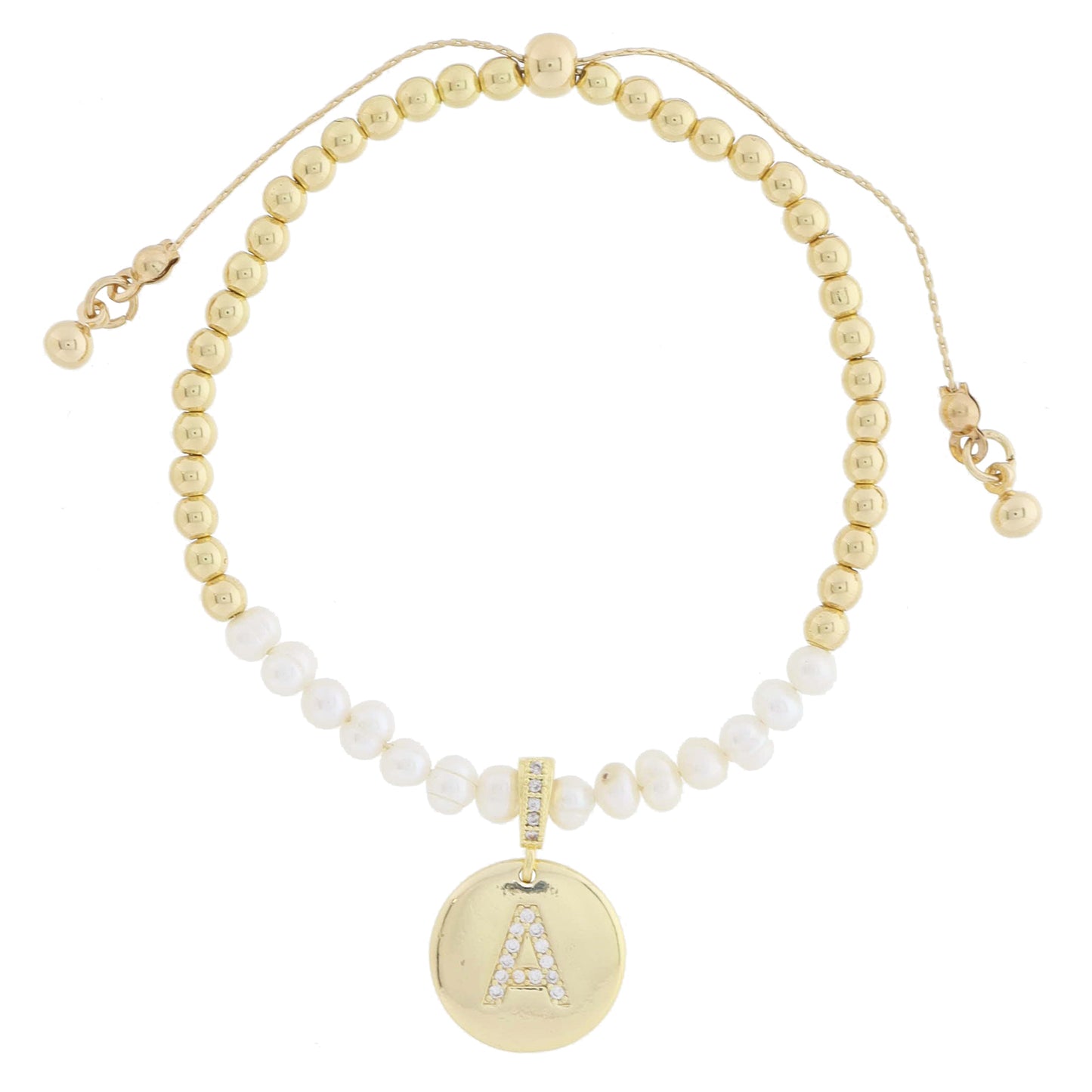 Small Freshwater Pearls and Pave Crystal Loop with Pave Crystal "A" Initial Gold Disc Adj. Bracelet