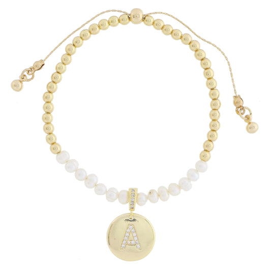 Small Freshwater Pearls and Pave Crystal Loop with Pave Crystal "A" Initial Gold Disc Adj. Bracelet