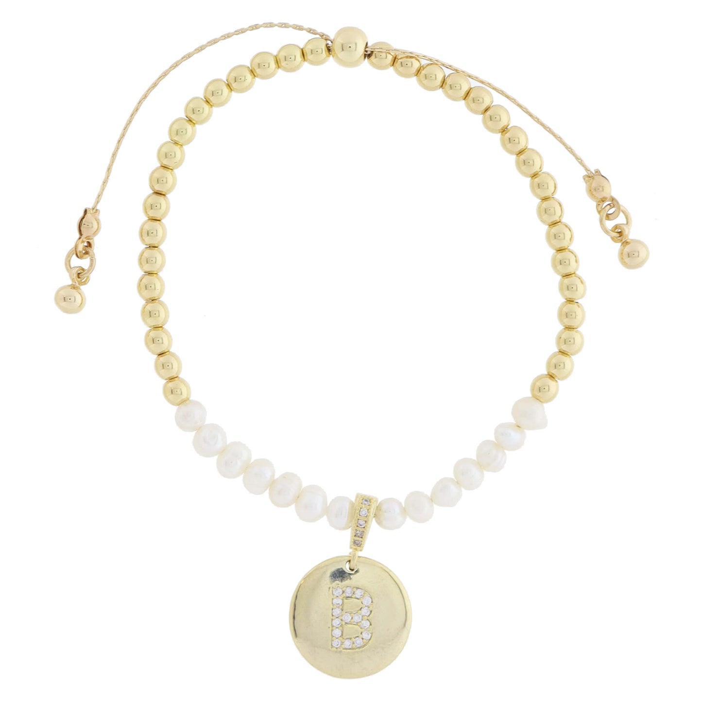Small Freshwater Pearls and Pave Crystal Loop with Pave Crystal "B" Initial Gold Disc Adj. Bracelet