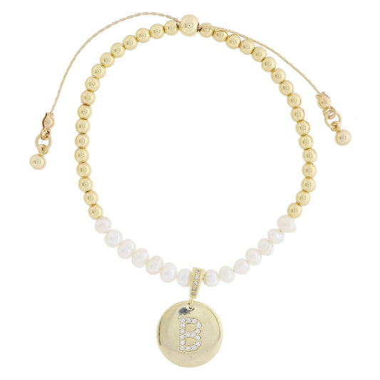 Small Freshwater Pearls and Pave Crystal Loop with Pave Crystal "B" Initial Gold Disc Adj. Bracelet