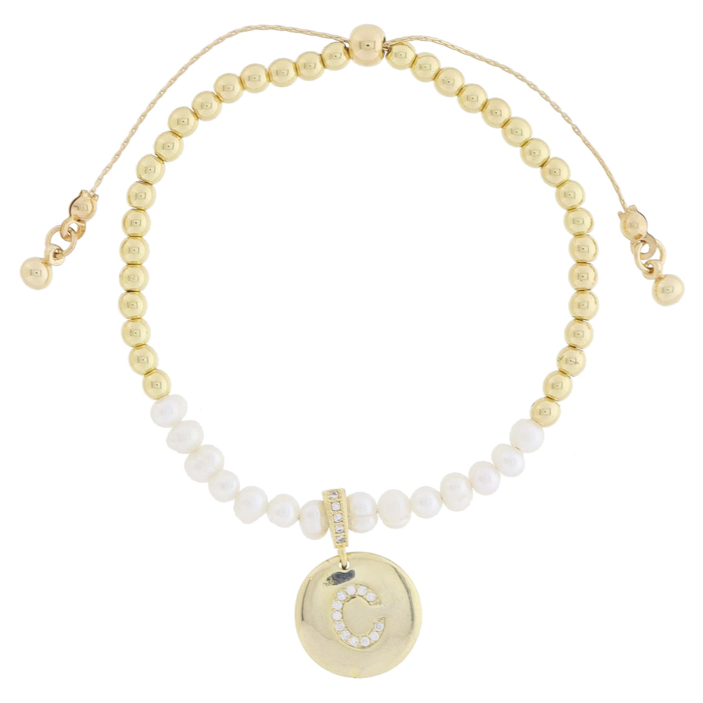Small Freshwater Pearls and Pave Crystal Loop with Pave Crystal "C" Initial Gold Disc Adj. Bracelet