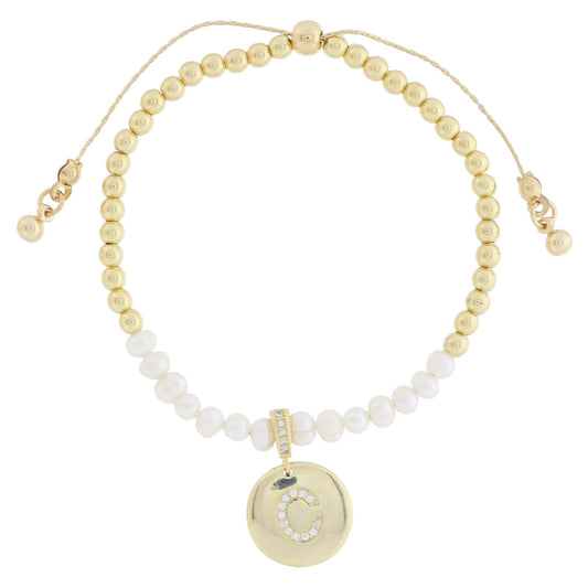 Small Freshwater Pearls and Pave Crystal Loop with Pave Crystal "C" Initial Gold Disc Adj. Bracelet