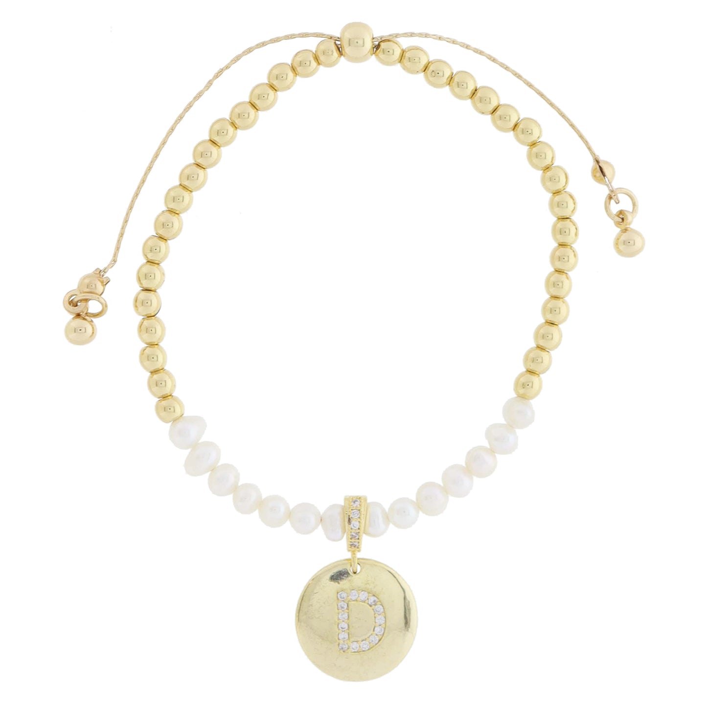 Small Freshwater Pearls and Pave Crystal Loop with Pave Crystal "D" Initial Gold Disc Adj. Bracelet
