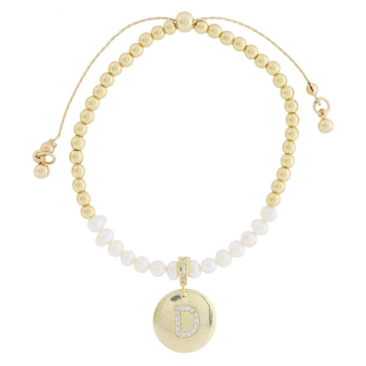 Small Freshwater Pearls and Pave Crystal Loop with Pave Crystal "D" Initial Gold Disc Adj. Bracelet