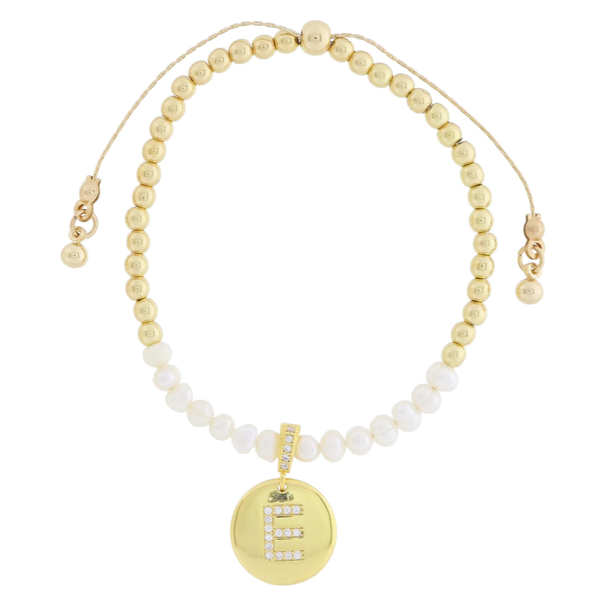 Small Freshwater Pearls and Pave Crystal Loop with Pave Crystal "E" Initial Gold Disc Adj. Bracelet