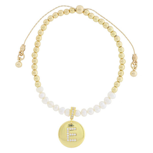 Small Freshwater Pearls and Pave Crystal Loop with Pave Crystal "E" Initial Gold Disc Adj. Bracelet