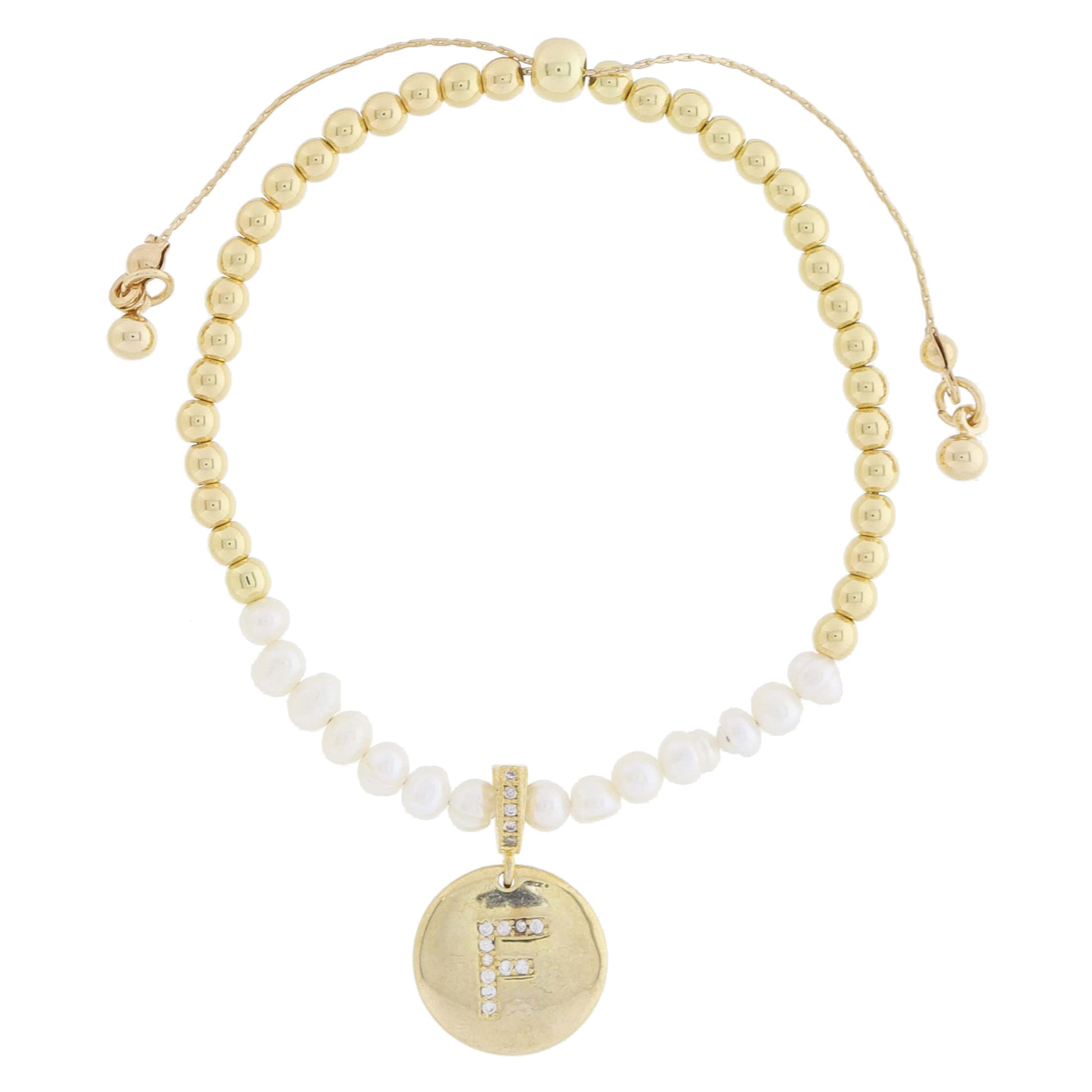 Small Freshwater Pearls and Pave Crystal Loop with Pave Crystal "F" Initial Gold Disc Adj. Bracelet