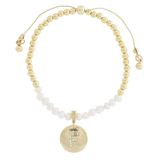 Small Freshwater Pearls and Pave Crystal Loop with Pave Crystal "F" Initial Gold Disc Adj. Bracelet