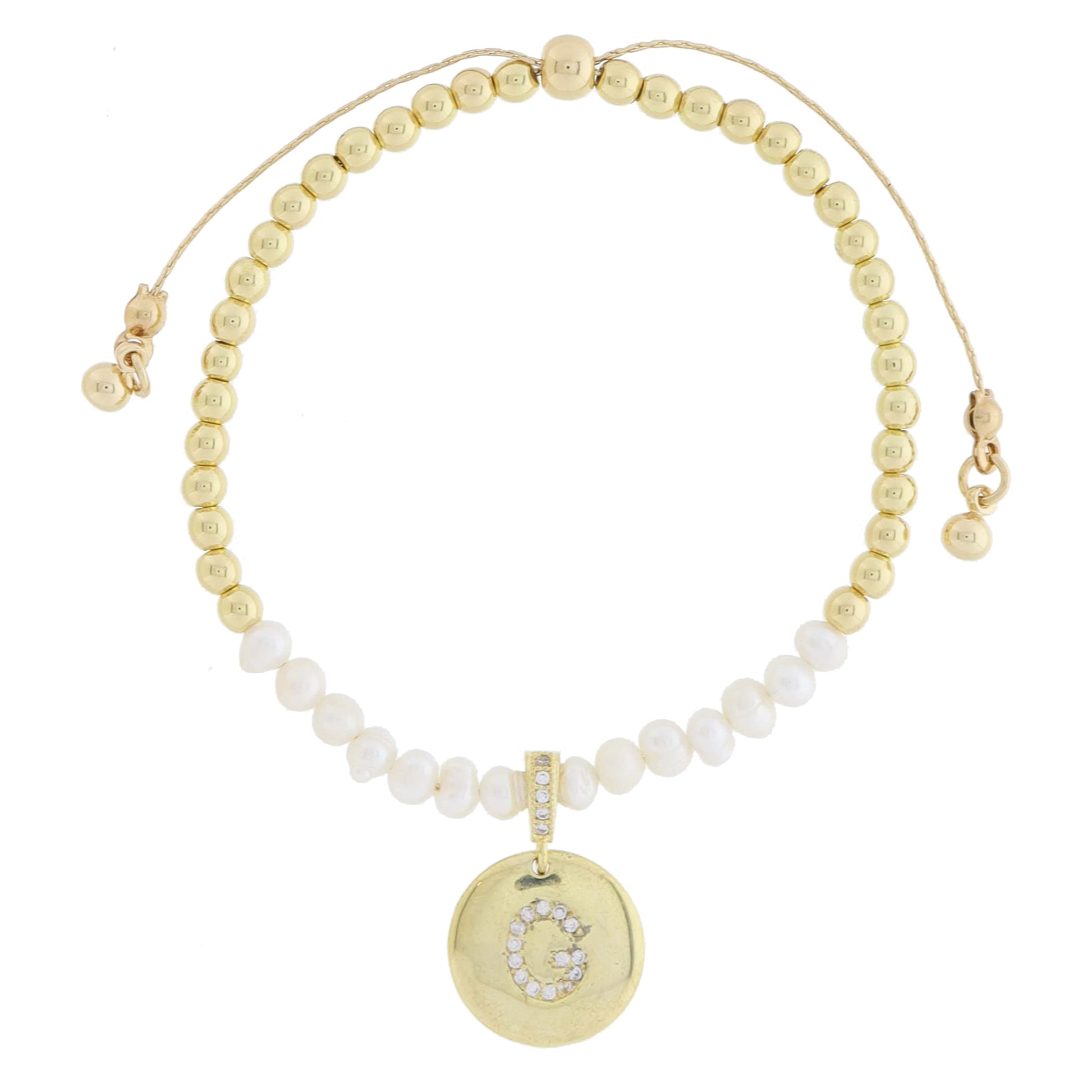 Small Freshwater Pearls and Pave Crystal Loop with Pave Crystal "G" Initial Gold Disc Adj. Bracelet