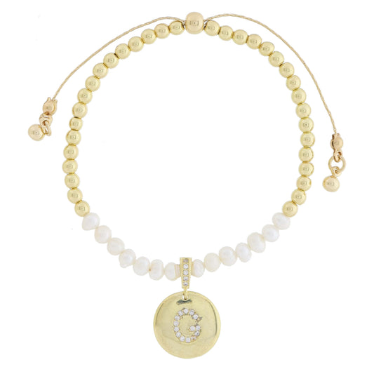Small Freshwater Pearls and Pave Crystal Loop with Pave Crystal "G" Initial Gold Disc Adj. Bracelet