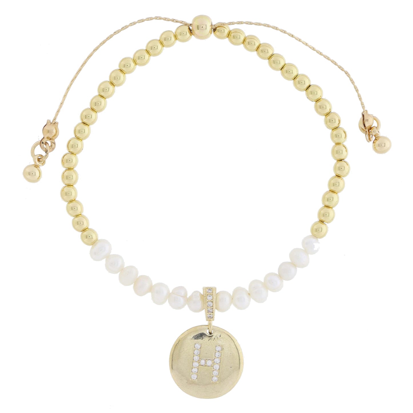 Small Freshwater Pearls and Pave Crystal Loop with Pave Crystal "H" Initial Gold Disc Adj. Bracelet