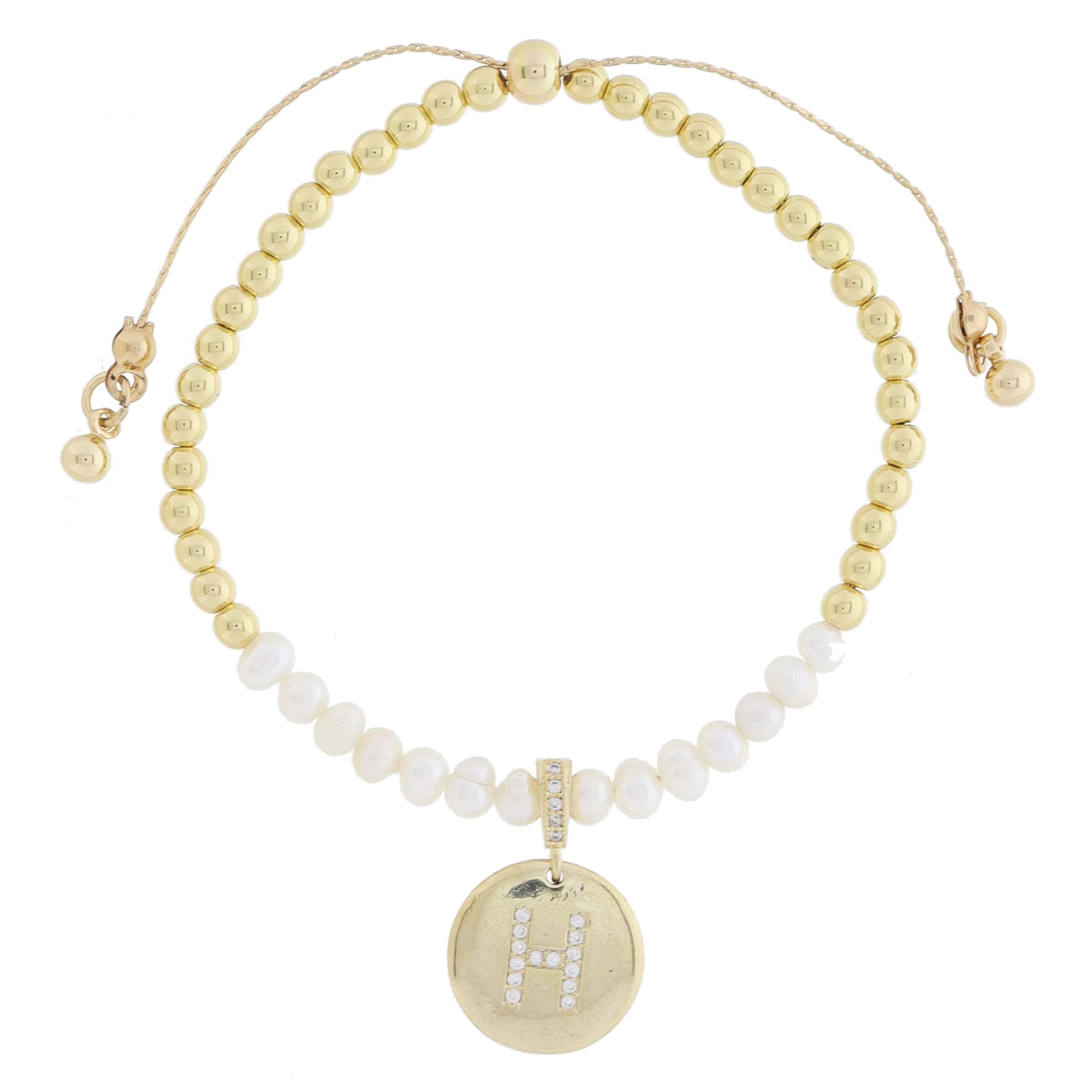Small Freshwater Pearls and Pave Crystal Loop with Pave Crystal "H" Initial Gold Disc Adj. Bracelet