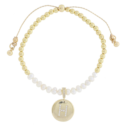 Small Freshwater Pearls and Pave Crystal Loop with Pave Crystal "H" Initial Gold Disc Adj. Bracelet