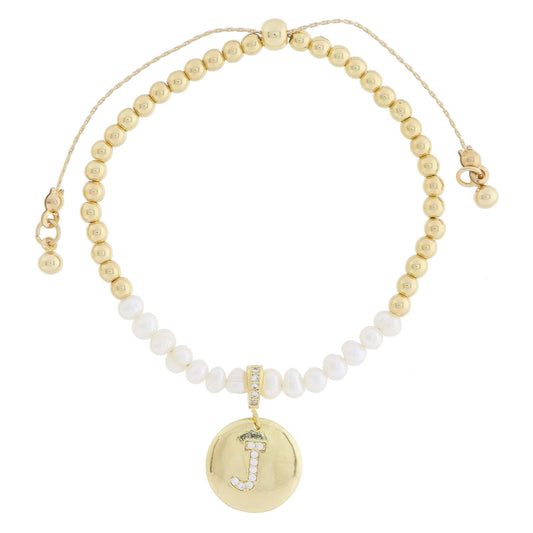 Small Freshwater Pearls and Pave Crystal Loop with Pave Crystal "J" Initial Gold Disc Adj. Bracelet