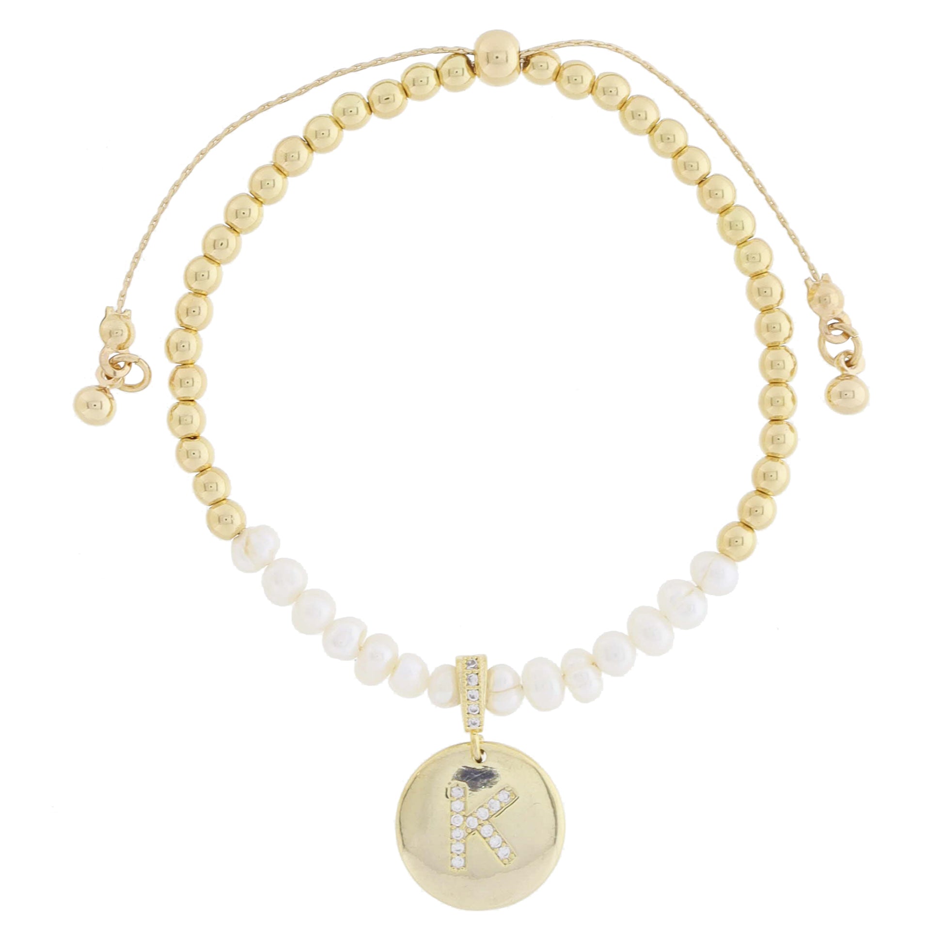 Small Freshwater Pearls and Pave Crystal Loop with Pave Crystal "K" Initial Gold Disc Adj. Bracelet