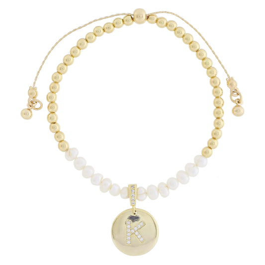 Small Freshwater Pearls and Pave Crystal Loop with Pave Crystal "K" Initial Gold Disc Adj. Bracelet
