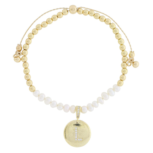 Small Freshwater Pearls and Pave Crystal Loop with Pave Crystal "L" Initial Gold Disc Adj. Bracelet
