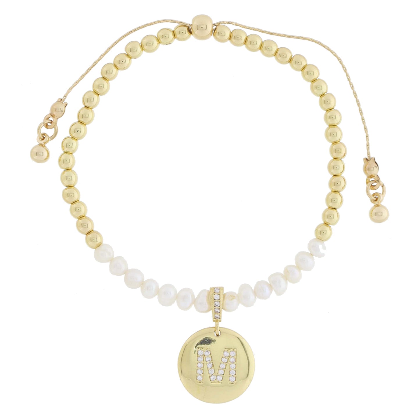 Small Freshwater Pearls and Pave Crystal Loop with Pave Crystal "M" Initial Gold Disc Adj. Bracelet