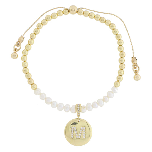 Small Freshwater Pearls and Pave Crystal Loop with Pave Crystal "M" Initial Gold Disc Adj. Bracelet