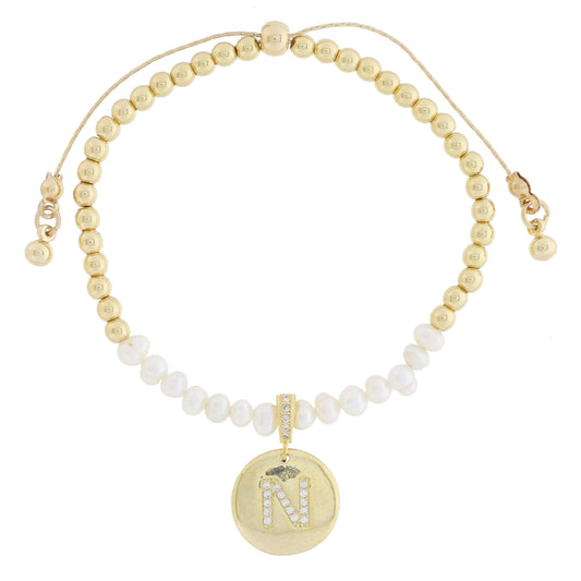 Small Freshwater Pearls and Pave Crystal Loop with Pave Crystal "N" Initial Gold Disc Adj. Bracelet