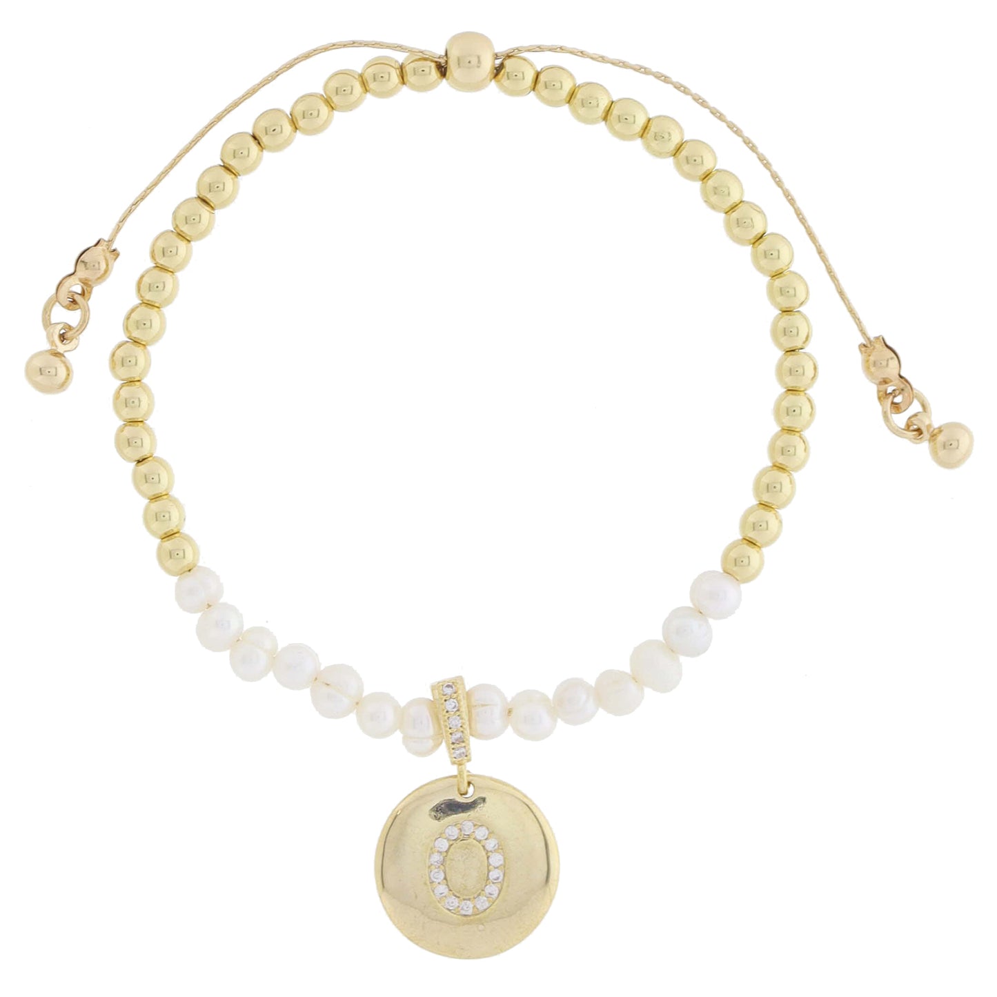Small Freshwater Pearls and Pave Crystal Loop with Pave Crystal "O" Initial Gold Disc Adj. Bracelet