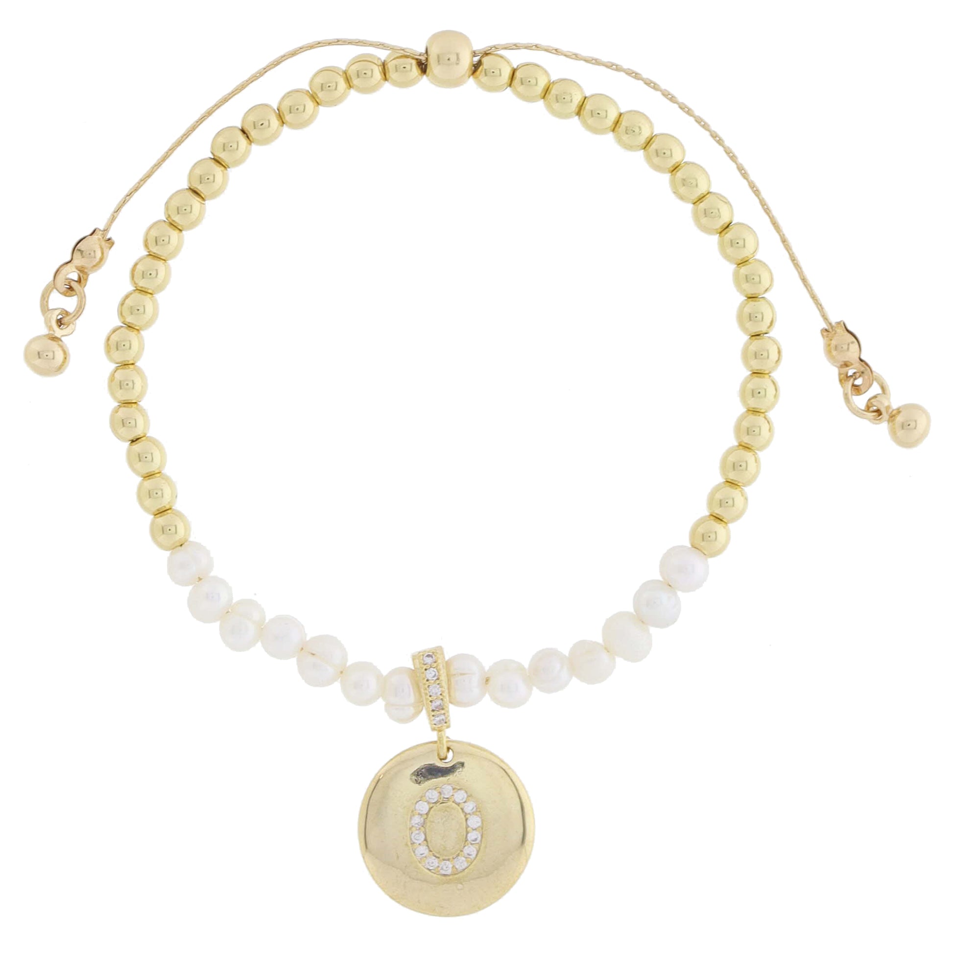 Small Freshwater Pearls and Pave Crystal Loop with Pave Crystal "O" Initial Gold Disc Adj. Bracelet