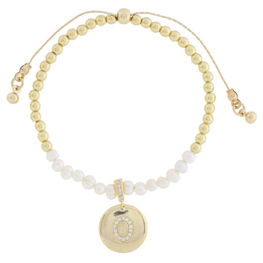 Small Freshwater Pearls and Pave Crystal Loop with Pave Crystal "O" Initial Gold Disc Adj. Bracelet