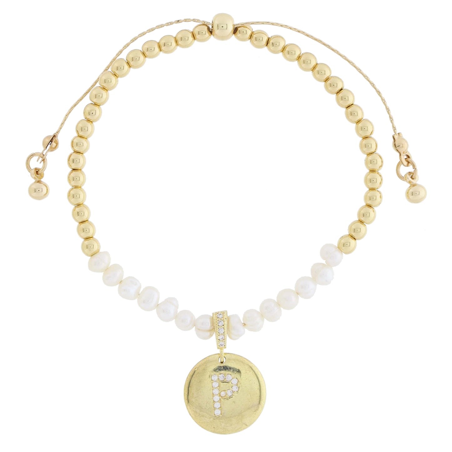 Small Freshwater Pearls and Pave Crystal Loop with Pave Crystal "P" Initial Gold Disc Adj. Bracelet
