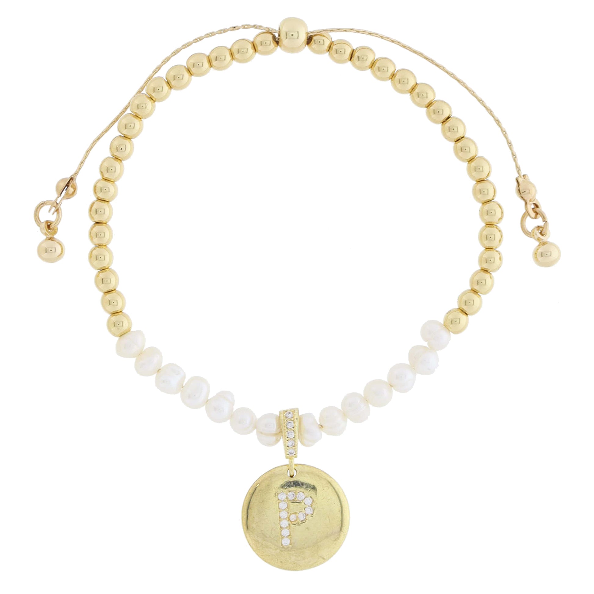 Small Freshwater Pearls and Pave Crystal Loop with Pave Crystal "P" Initial Gold Disc Adj. Bracelet