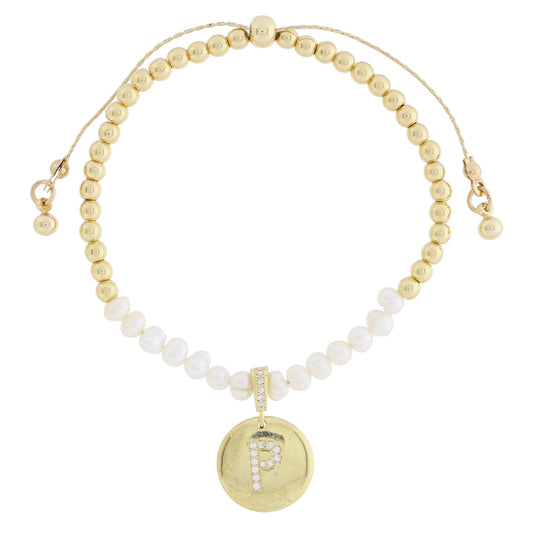 Small Freshwater Pearls and Pave Crystal Loop with Pave Crystal "P" Initial Gold Disc Adj. Bracelet