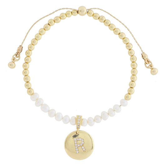 Small Freshwater Pearls and Pave Crystal Loop with Pave Crystal "R" Initial Gold Disc Adj. Bracelet
