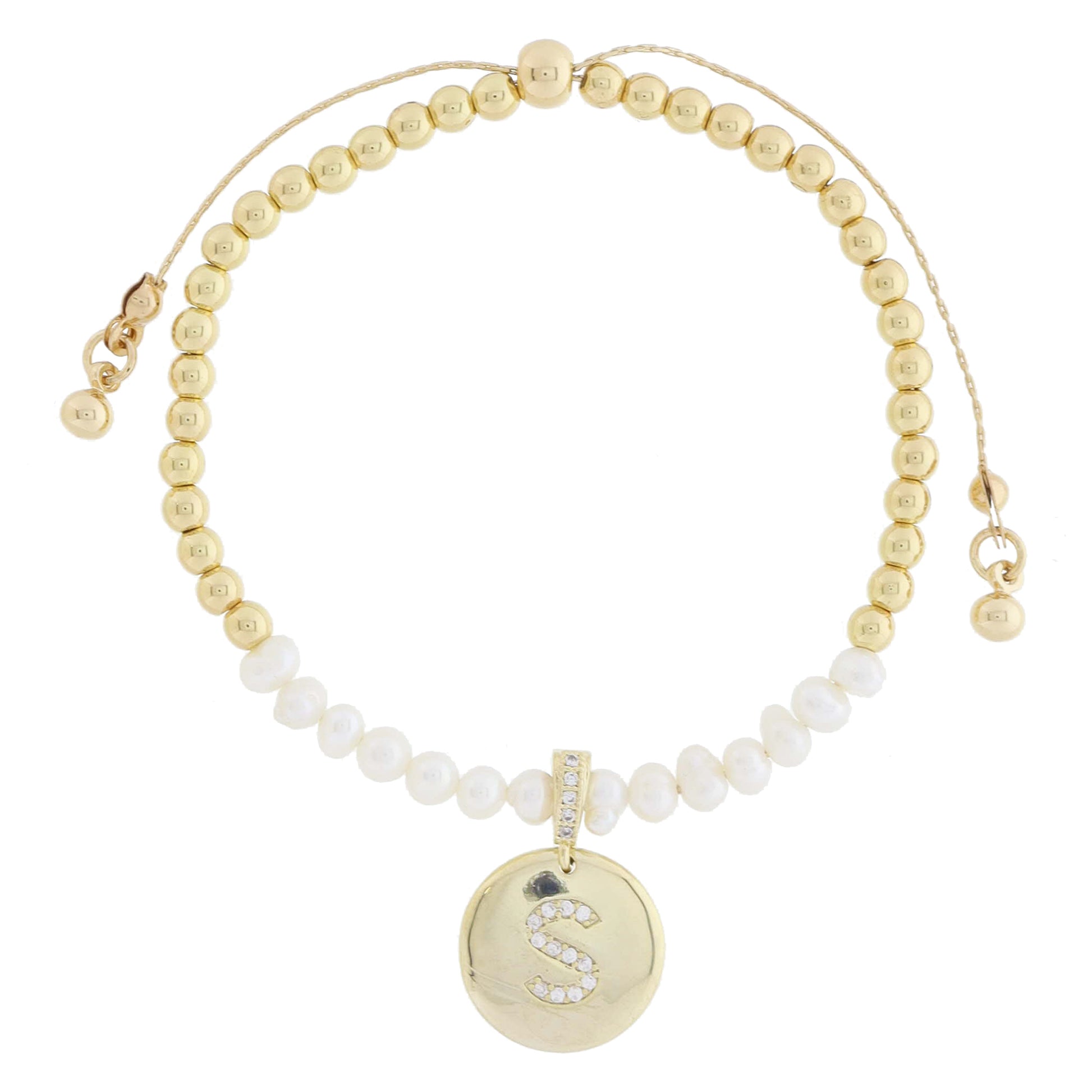 Small Freshwater Pearls and Pave Crystal Loop with Pave Crystal "S" Initial Gold Disc Adj. Bracelet