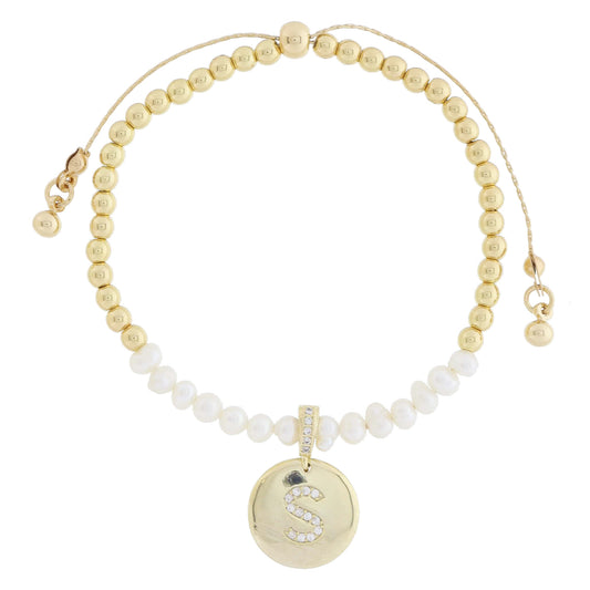 Small Freshwater Pearls and Pave Crystal Loop with Pave Crystal "S" Initial Gold Disc Adj. Bracelet